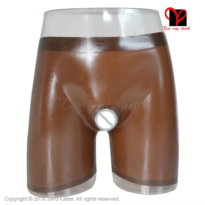 Sexy Latex Rubber Long Cycle Bermuda With Penis Shaft Ring Gummi Zentai BDSM Dress Briefs Panties