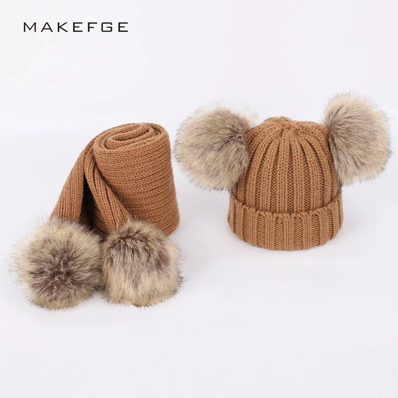 

Knitted children's solid cotton caps warm and comfortable hats scarf boy girl pompoms double hair ball fur casual Beanie skullie
