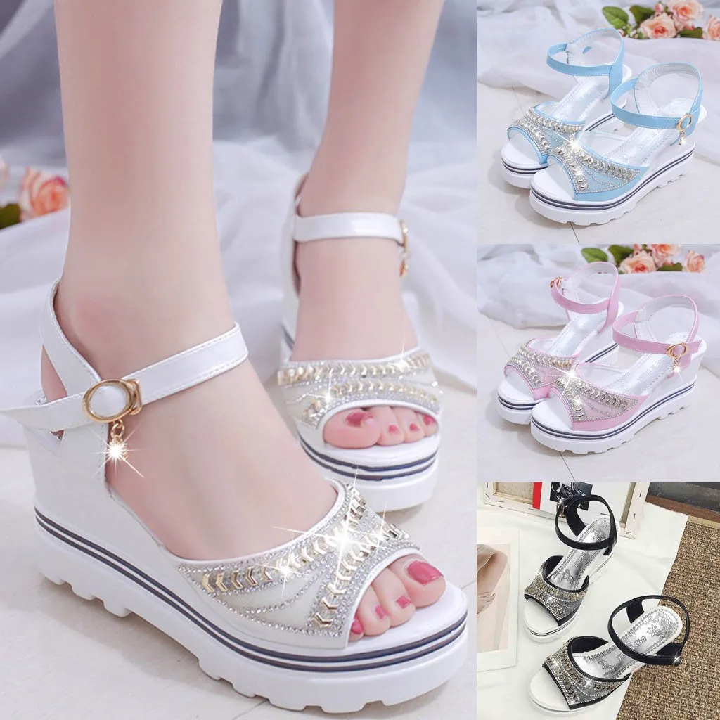 

Fashion Spring summer Female Sandilas Cover Heel Flock Party Shoes Pumps Platform Sandal Roman Wedges Crystal Peep Toe Sandals