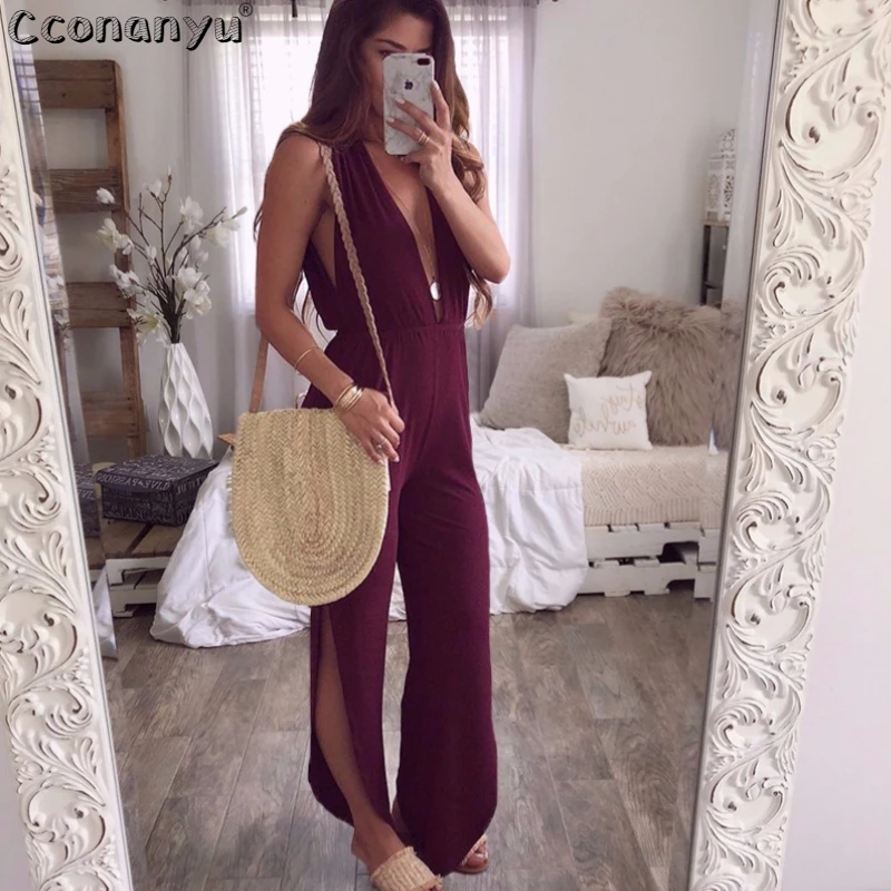 Women Sexy Deep V-Neck Asymmetrical Jumpsuits 2019 Loose Backless Party Club Jumpsuits Pockets Split Female Jumpsuits Bodysuits Women Sexy Deep V-Neck Asymmetrical Jumpsuits 2019 Loose Backless Party Club Jumpsuits Pockets Split Female Jumpsuits Bodysuits