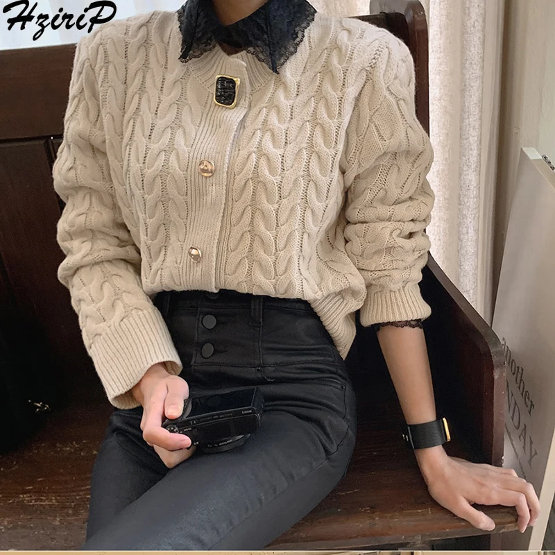 

HziriP 2019 Autumn Spring New Cardigans Fashion Loose Female Solid Slim Casual Knitted Single Breasted Elegant Sweater Women