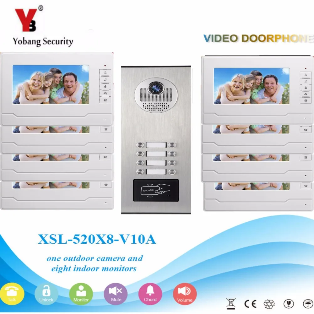 

YobangSecurity 8 Unit Apartment RFID Access Control Video Intercom 7"Inch Wired Video Door Phone Doorbell Intercom Camera System