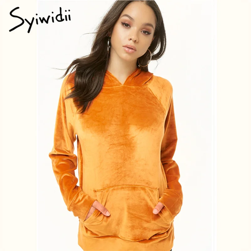 Горячая худи Харадзюку для женщин велюр теплый негабаритных Свободные толстовки кофты оранжевый передний карман пальто с длинными