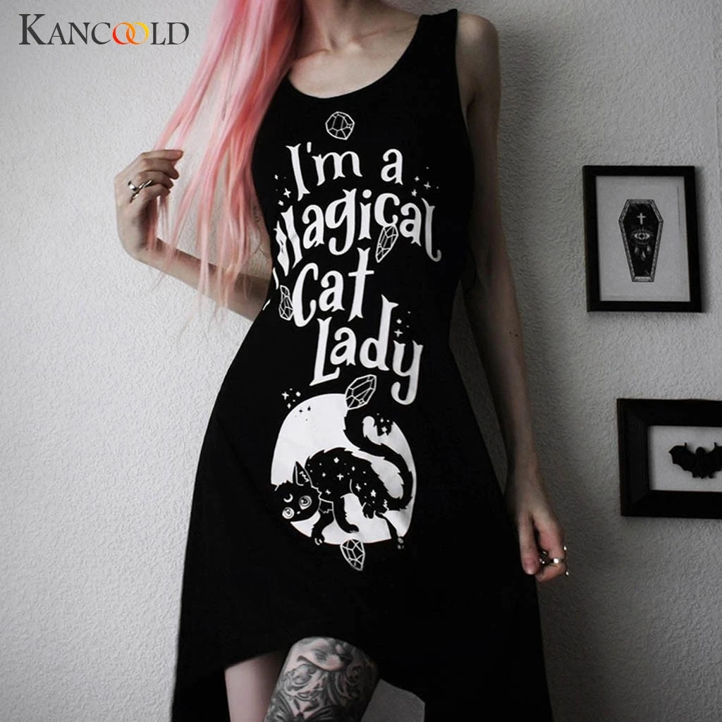 

KANCOOLD dress Lady Girls Fashion Funny Cat Printed Midi Black Gothic Dress Summer Sleevless Vintage new dress women 2019MAY23