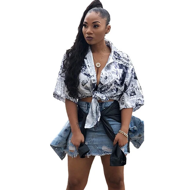 

Fashion Women Tops Long Sleeve Blouses Shirts Newspaper Print Casual Blouse Turn-down Collar Button Up Camisas Blusas Femininas