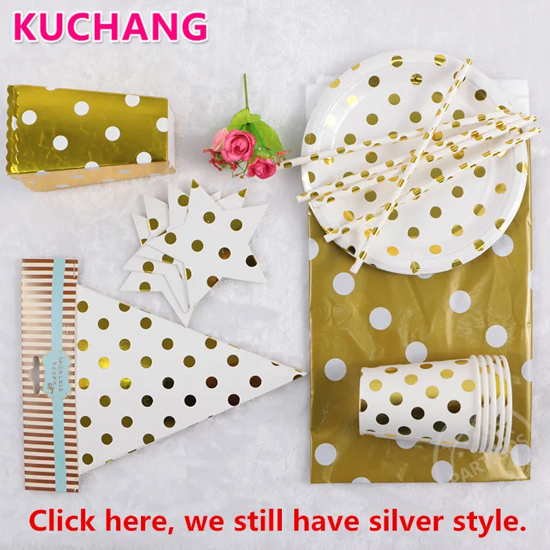 

Party Disposable Tableware Silver Gold Foil Polka Dot Banner Pennants Tablecloth Popcorn Box Plate Straw Cup Party Supplies