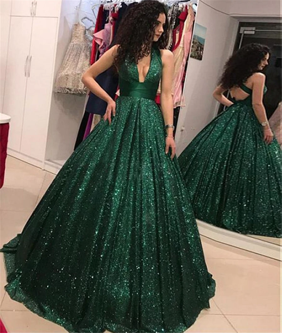 

Bling Bling Sequined Material Ball Gown Deep V-Neck Long Prom Dresses Backless Evening Gowns vestido de formatura curto