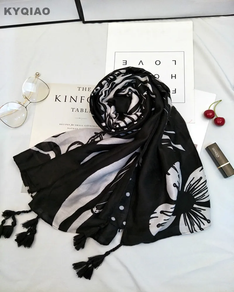 

KYQIAO Ethnic black designer scarf luxury brand 2019 women autumn winter Spain style hippie boho long black print scarf muffler