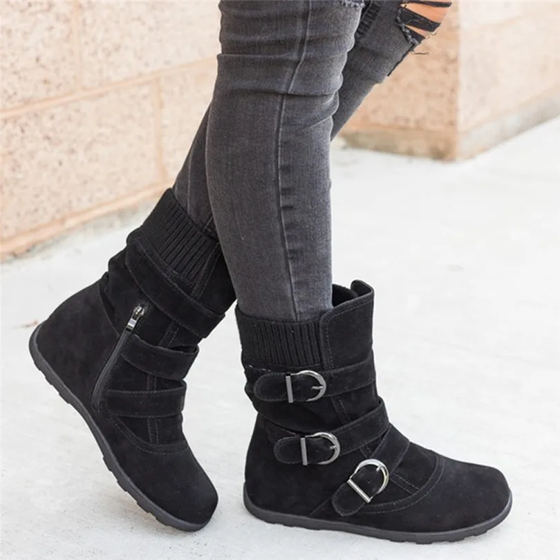 

SIKETU Winter Women Boots Suede Round Toe Zipper Flat Pure Color Buckle Strap Mid-Calf Down Boots Snow Boots martens woman A30