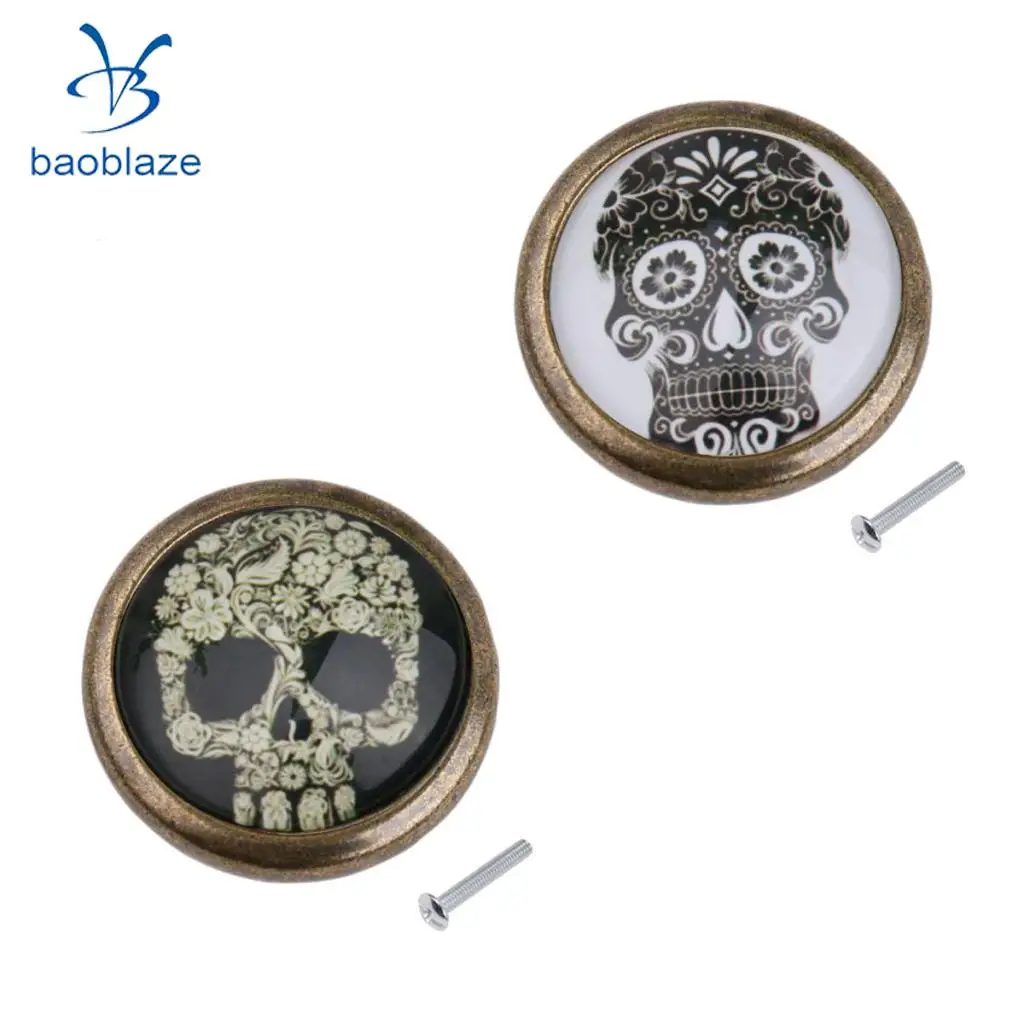 2 Pieces Skull Prints Antique Brass Cabinet Drawer Round Pulls Wardrobe Cabinet Door Cupboard Knob