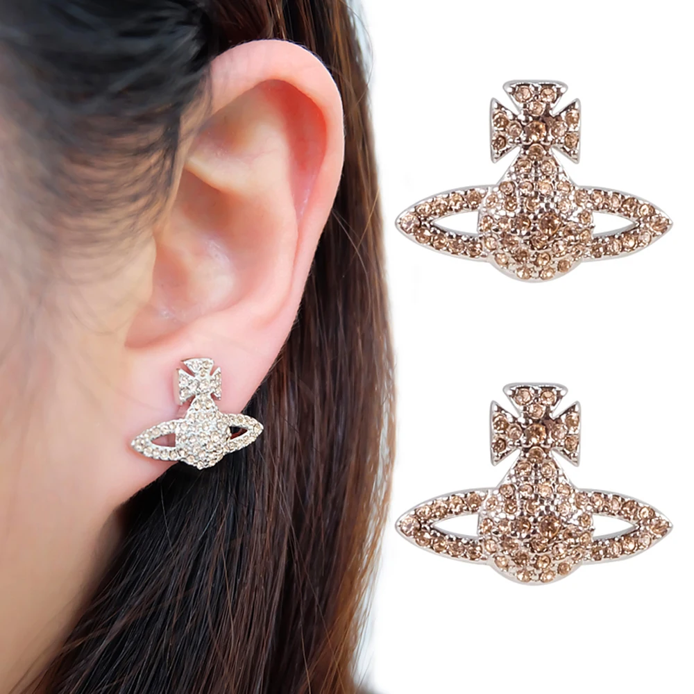 

XIAOJINGLING Women Girls' CZ Crystal Sparkling Cross Saturn Geometric Earrings Planet Orbit Earring Studs Party Jewelry Ear Pin