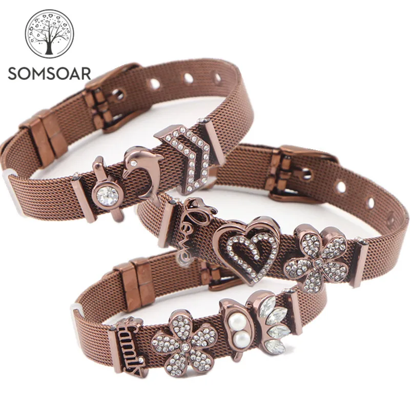 

Dropshipping New Color Coffee Mesh Bracelet Stainless Steel Coffee Slide Charms DIY Bracelet&Bangle as Christmas Gift