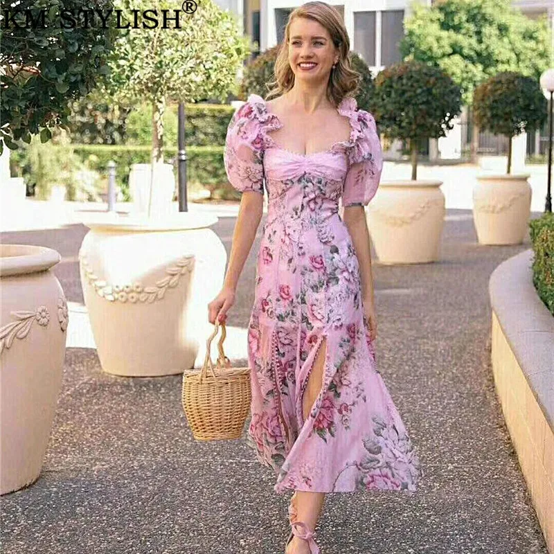 

Australian Tide brand 2019 Spring and summer Resort Slash collar Puff sleeves Tube top Split hem Fairy Lady Print Long dress