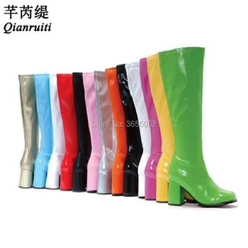 

Qianruiti Multicolor Plain Patent Leather Botas Mujer Ladies Runway Shoes Autumn Square Toe Mid Block Heels Mid Calf Boots Women