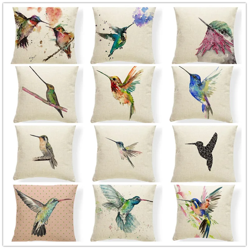 

Designer Animal Watercolor Hummingbirds Cushion Case Tropical Throw Pillows Seat Linen Home Decorating Lumbar Pillow