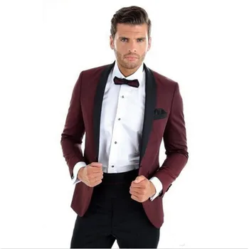 

Burgundy Mens Wedding Tuxedos Black Lapel Groom Groomsmen Tuxedos Popular Man Blazers Jacket Excellent 2 Piece Suit(Jacket+Pants