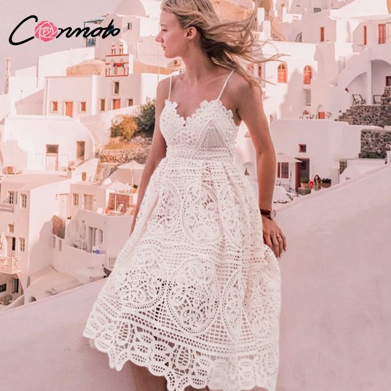 

Conmoto Elegant Strap Lace Dress Women 2019 NEW Sexy Hollow Party Dress V Neck Backless Lace up Mid Dress Plus Size Vestidos