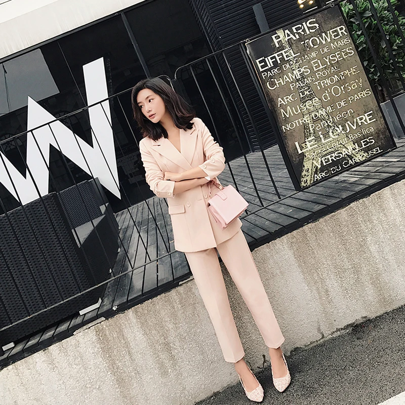BGTEEVEER Casual 2 Pieces Set Women Pant Suits Notched Collar Blazer Jacket & Ankle-length Pants OL Female Suits 2018 Autumn