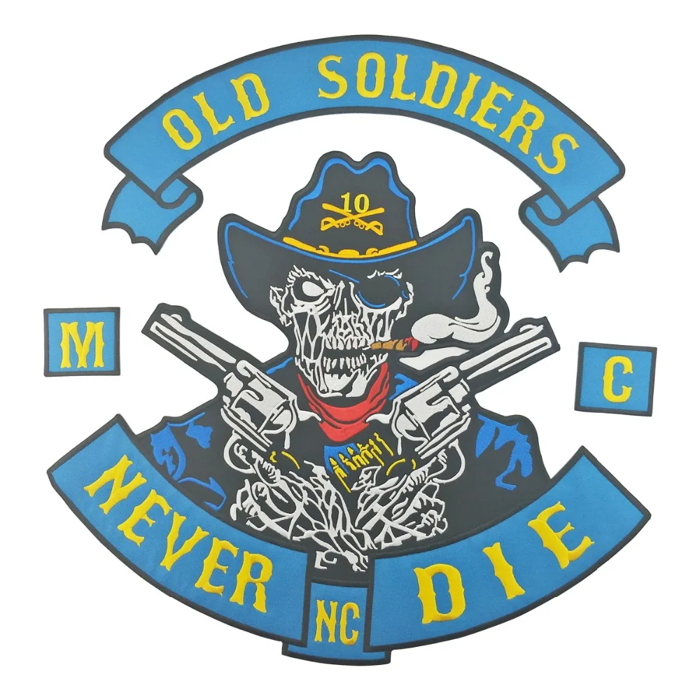 Old Soldiers Never Die MC Vest Biker Embroidered Iron On Back of Jacket Patch Blue twill fabric Free Shipping DIY Eco-Friendly(1)