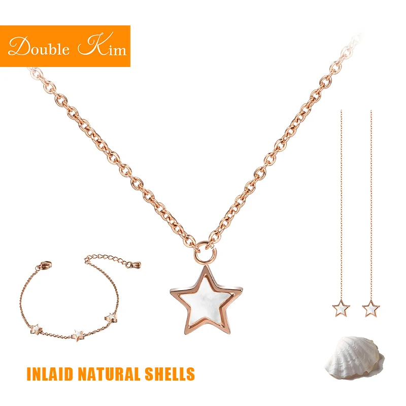 

Small Stars Necklace Bracelet Earrings Jewelry Sets Titanium Stainless Steel Inlaid Natural Shells Women Fashion Birthday Gift