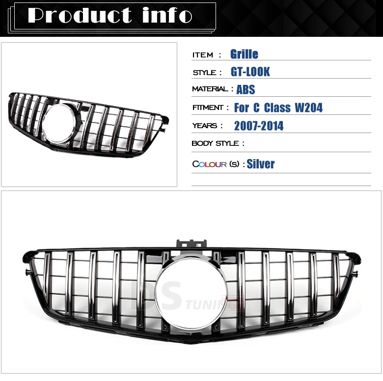 Гоночная решетка для Mercedes W204 GT решетка ABS материал черный серебристый цвет бампер Гриль для Benz C Класс C300 C350 2009