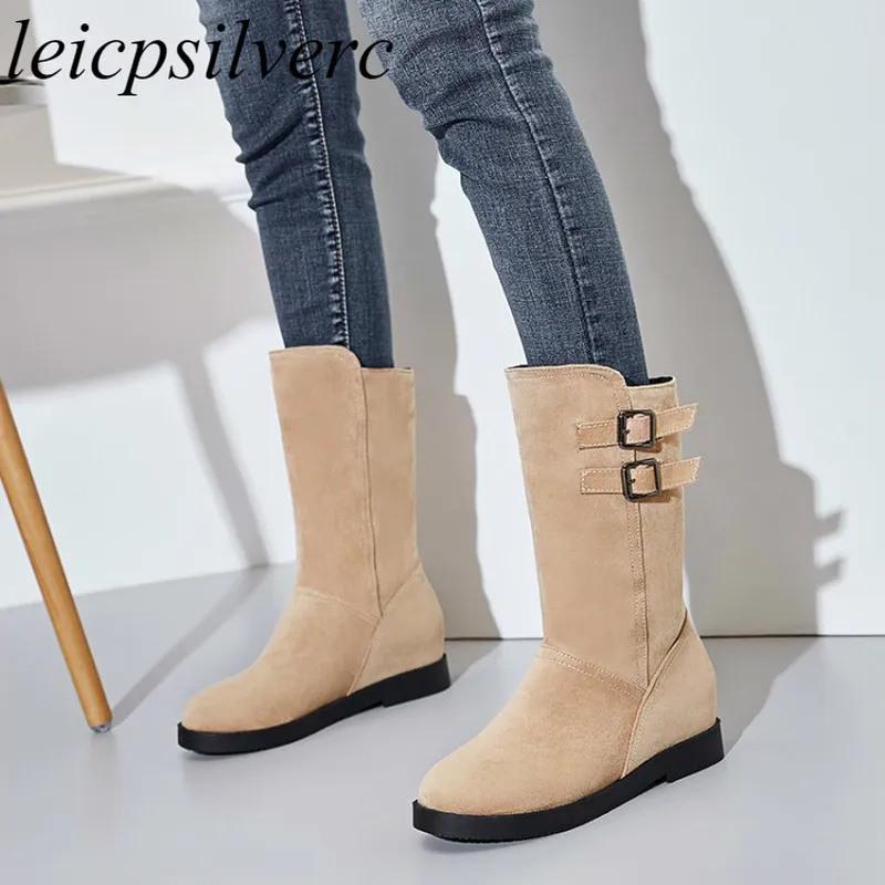

Women Boots Autumn Winter Med Heel Warm Flock Slip on Mid-calf Chelsea Motorcycle Shoes 2018 Sexy New Fashion Black Brown Beige