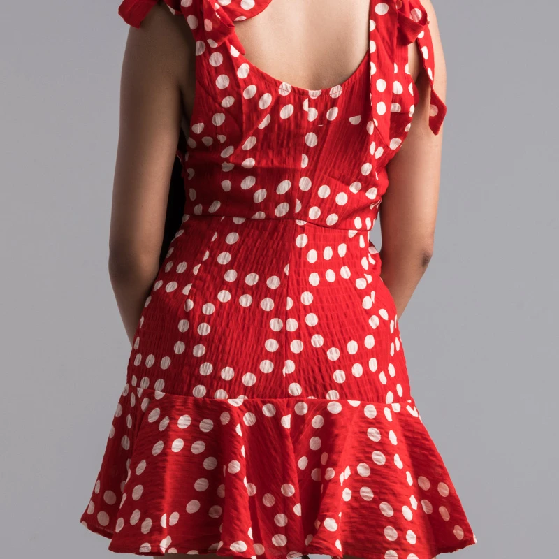 AKIRA Women's Tie Straps Crepe Knit Ruffle Hem Polka Dots Tank Mini Dress (2)