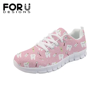 

FORUDESIGNS Cartoon Teeth Print Flats Shoes Mesh Women Casual Lace-up Summer Breathable 3D Dental Sneaker Shoes For Teen Girls