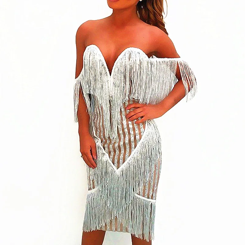 

2019 Sexy Bodycon Party Dress Fashion Style Women Sleeveless Beach Dress Sequin Tassel For Ladies Women Female Clubwear