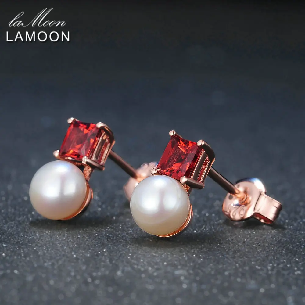 LAMOON 925 sterling-silver-jewelry Earrings For Women Simple Style 100% Natural Red Garnet Freshwater Pearl Earring S925 EI038