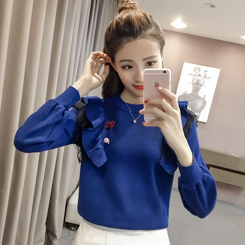 female sweater ruffles o-neck computer knitted pullovers patchwork new Korean version women Sweaters