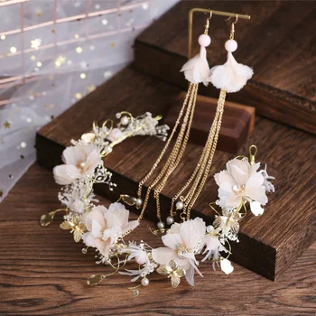 

Korean Fairy Beauty Immortal flower Bride Headwear long earrings style bride wedding hair hoop new