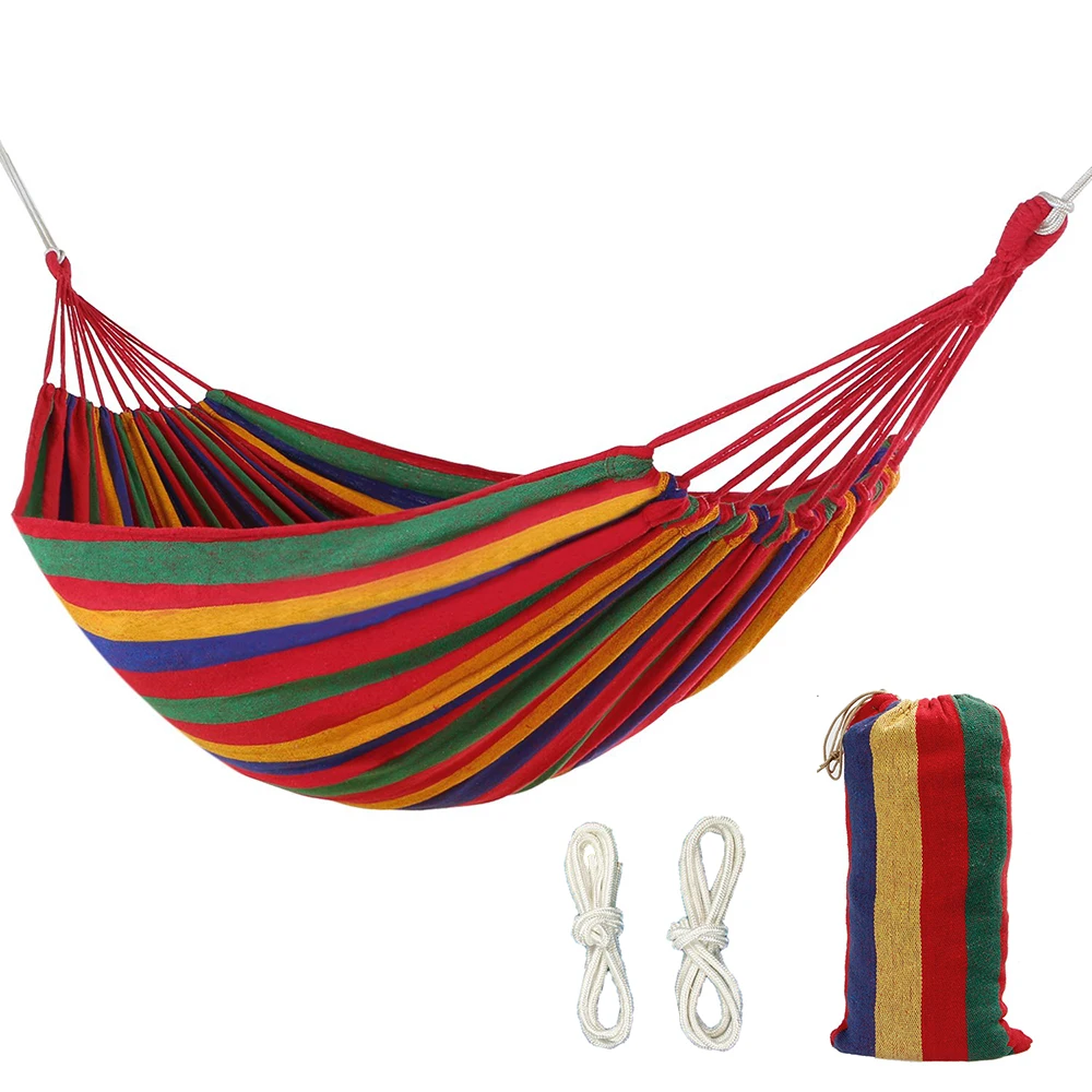 

264Ibs Bearing Canvas Rainbow Hammock Double Portable Outdoor Camping Hammock Garden Leisure Adult Kid Hammock Bed With Backpack