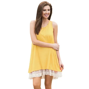 

Summer Lace Hem Patchwork Sleeveless Dress Ladies' Sundress Solid Color 2XL Casual Loose A-line Dresses Female Tank Dresses 7472