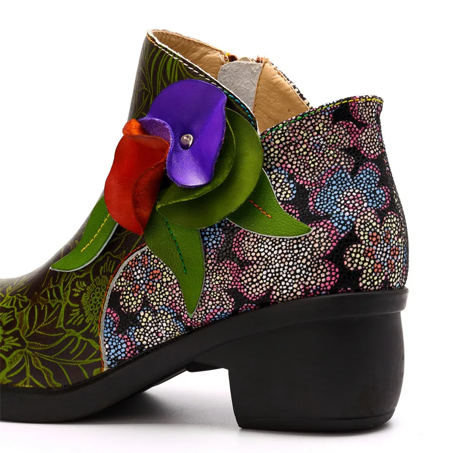 Mixed Color Print Genuine Leather Boots Women Shoes Handmade Flower Zipper Ankle Boots Spring Autumn Vintage Floral Female Botas (8)