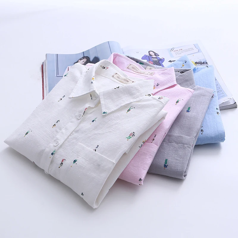 Vente Dioufond Caractères Imprimer Blouse Femmes Poche Chemises Automne Blanc Femelle Top Coton Lin Chemise À Manches Longues Bleu Rose Blusas 2017