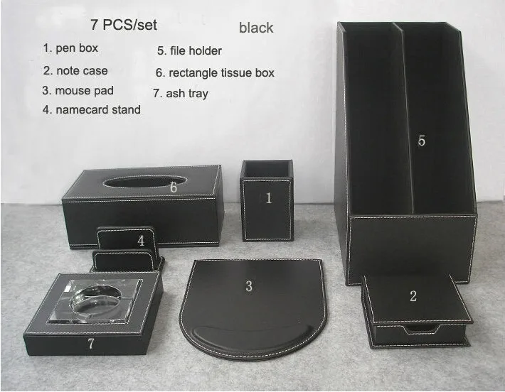 Роскошные 7 шт./компл. древесины кожаный Настольный органайзер файл канцелярские принадлежности& Организатор ручка держатель, коробка для салфеток коврик для мыши Черный K206A