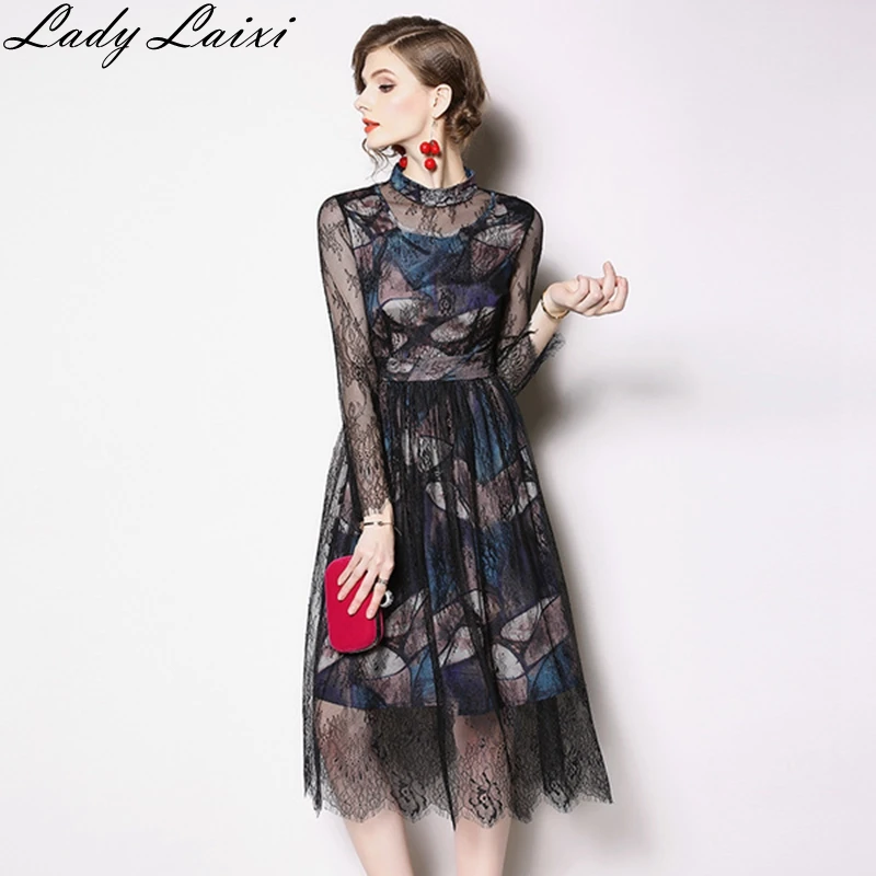 

2019 Spring New Women's Hollow Out Floral Crochet Lace Dress Long sleeve Casual Slim Office Slim Party work Dresses Vestidos