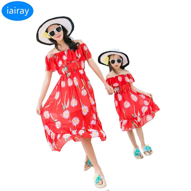 

mom and daughter dress women fashion summer long floral dress chiffon beach red dress girl costume dresses for girls 10 years