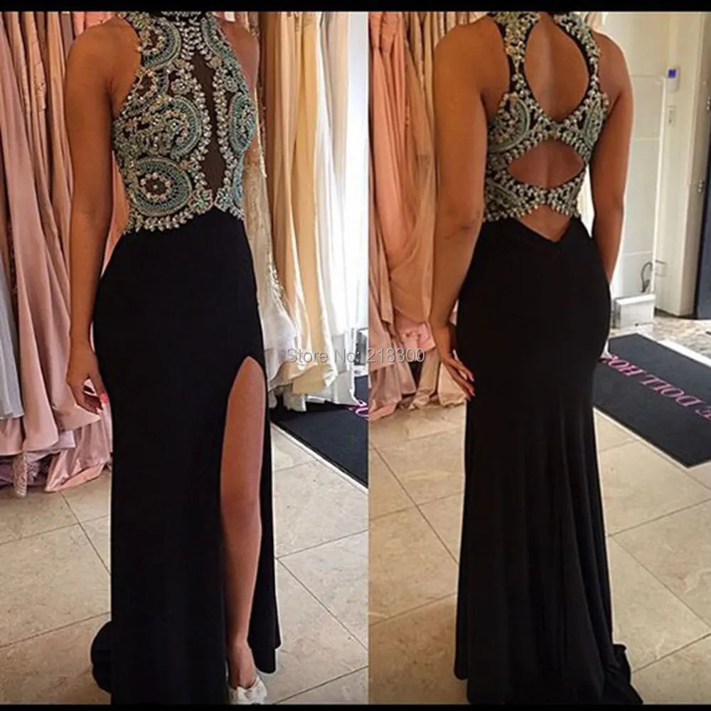 Black beaded mermaid prom dress with slit cut out prom dress pageant