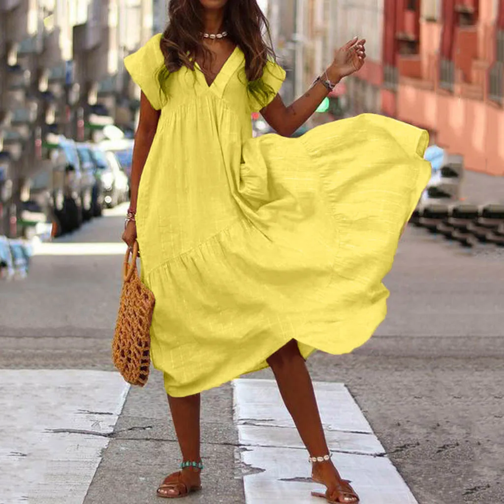 

Fashion Women Summer Holiday Dress Women Solid Casual V Neck Short Sleeve Beach Maxi Dresses Sundress vestidos de verano 2019