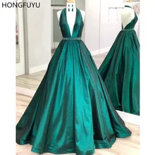 HONGFUYU Холтер Глубокий v-образный вырез атласное вечернее платье для выпускного длинное формальное платье бисером женские вечерние платья выпускного вечера без спинки, по индивидуальному заказу