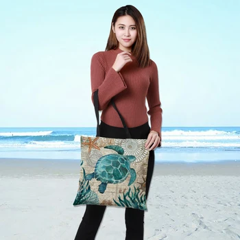 

Customize Tote Bag Seahorse Turtle Octopus Pattern Traveling Shoulder Bags Eco Linen Shopping Bags For Women with Prin 43cm*43cm