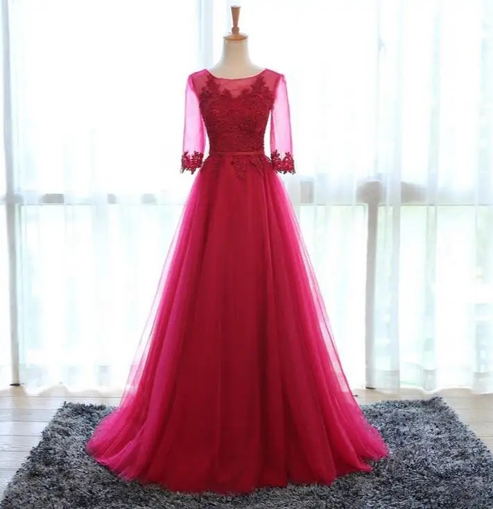 Robe de soiree серое длинное с круглым вырезом на шнуровке аппликация вечернее платье букет вечернее платье vestido de festa платья для выпускного вечера - Цвет: wine red
