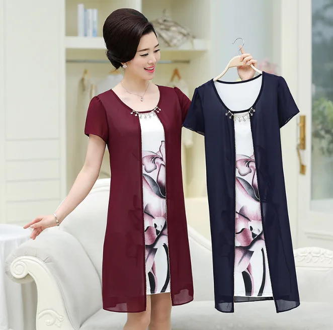

SexeMara Fake Two Piece Dresses Summer Middle Age Mother Printed Short Sleeve Chiffon Dress Plus Big Size Women Sashes Dress