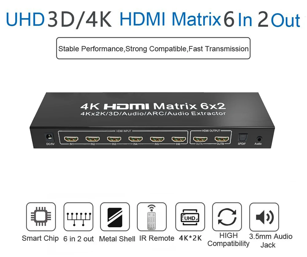 EMK 6x2 HDMI ТВ матрица 6 вход 2 Выход коммутатор сплиттер 1.3b 1,4 в Поддержка 3840x2160 30 Гц 3D 4K x 2K Аудио ИК пульт дистанционного управления