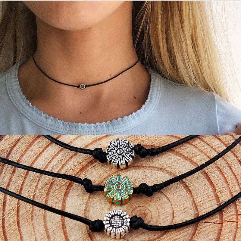 Sun Flower Rune Choker With Wax Rope Adjustable Necklace Ethic Fashion Women Jewelry | Украшения и аксессуары