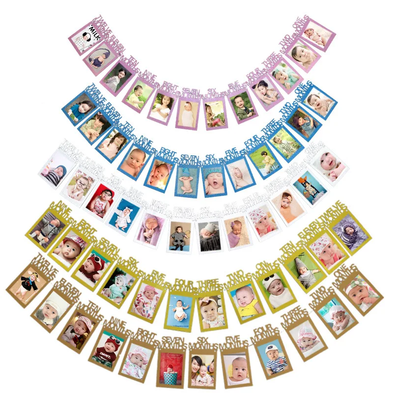 

12 Months Photo Frame Banner First Happy Birthday Decorations 1st Baby Boy Girl My 1 One Year Party Supplies Gold Pink Silver