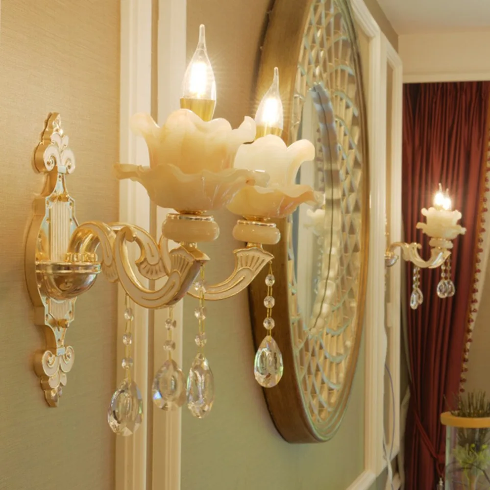 

European crystal jade wall lamp living room TV background wall double head bedside lamp aisle villa hotel lamps