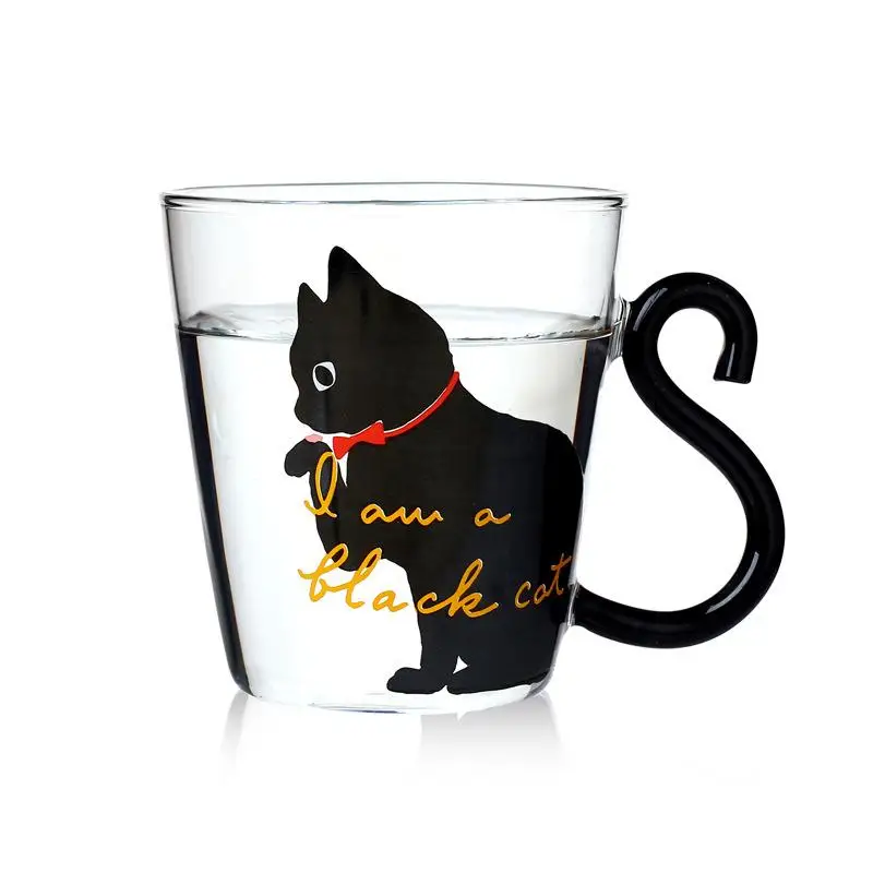 Image Black Cat Cute Glass Drinking Cup with Handle Home Kids Milk Juice Glass Cup Coffee Cup Glassware Wholesale 200ml